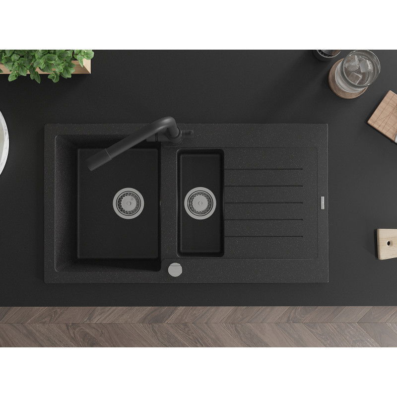 Mexen Matias zlewozmywak granitowy 1,5-komorowy z ociekaczem i baterią kuchenną Duero, czarny/srebrny metalik- 6502-73-671600-70