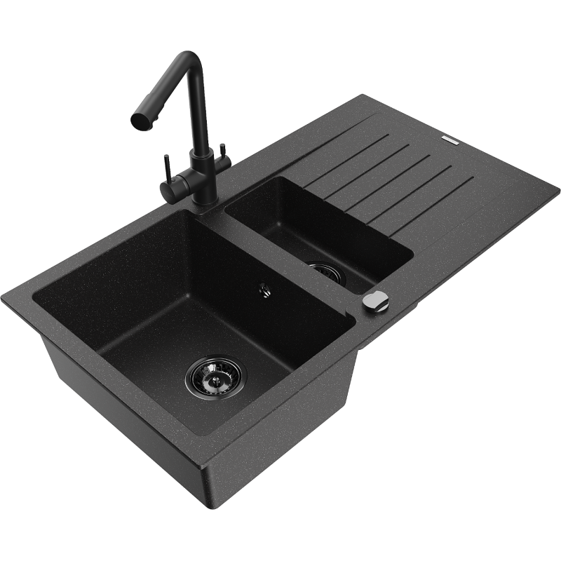 Mexen Matias zlewozmywak granitowy 1,5-komorowy z ociekaczem i baterią kuchenną Duero, czarny/srebrny - 6502-73-671600-70-B