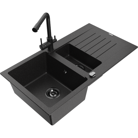 Mexen Matias zlewozmywak granitowy 1,5-komorowy z ociekaczem i baterią kuchenną Duero, czarny/srebrny - 6502-73-671600-70-B