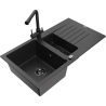 Mexen Matias zlewozmywak granitowy 1,5-komorowy z ociekaczem i baterią kuchenną Duero, czarny/srebrny - 6502-73-671600-70-B