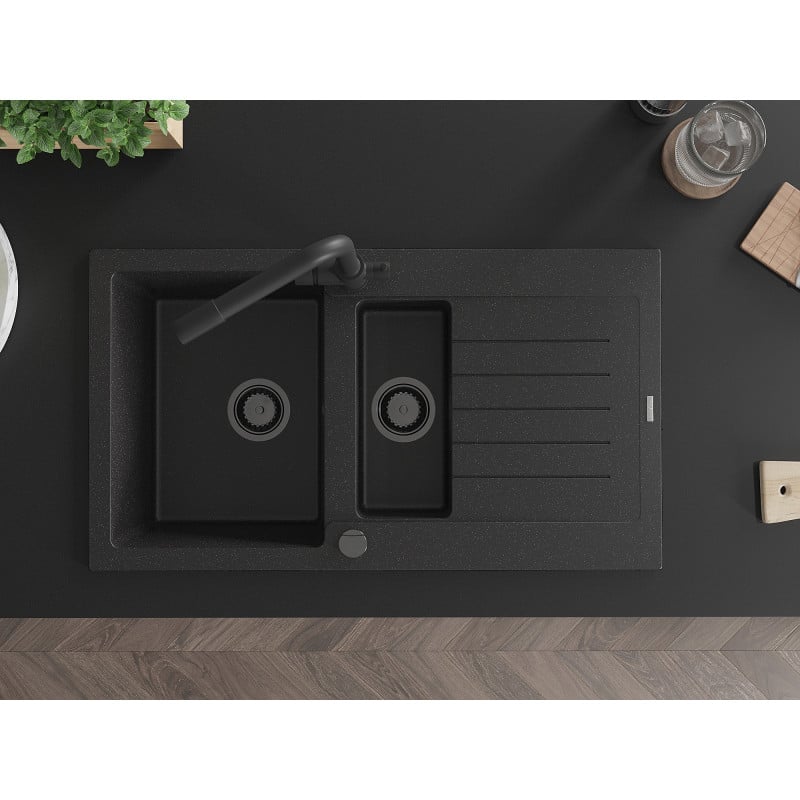 Mexen Matias zlewozmywak granitowy 1,5-komorowy z ociekaczem i baterią kuchenną Duero, czarny/srebrny - 6502-73-671600-70-B