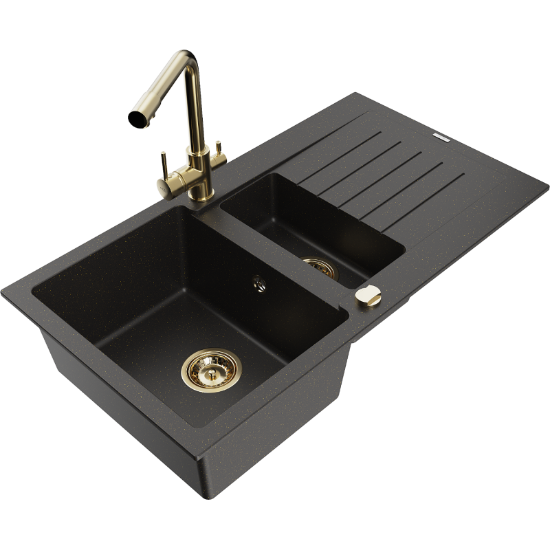 Mexen Matias zlewozmywak granitowy 1,5-komorowy z ociekaczem i baterią kuchenną Duero, czarny/złoty metalik - 6502-75-671600-50