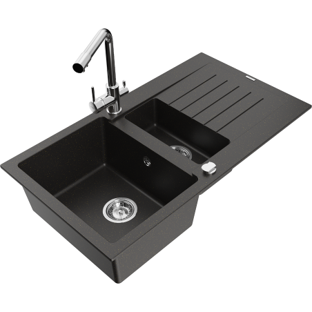 Mexen Matias zlewozmywak granitowy 1,5-komorowy z ociekaczem i baterią kuchenną Duero, czarny/złoty metalik - 6502-75-671600-00