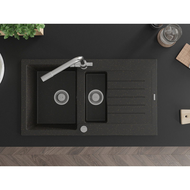 Mexen Matias zlewozmywak granitowy 1,5-komorowy z ociekaczem i baterią kuchenną Duero, czarny/złoty metalik - 6502-75-671600-00