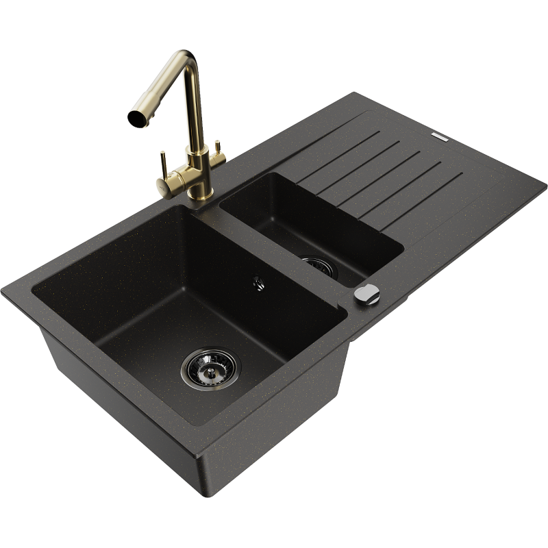 Mexen Matias zlewozmywak granitowy 1,5-komorowy z ociekaczem i baterią kuchenną Duero, czarny/złoty - 6502-75-671600-50-B