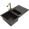Mexen Matias zlewozmywak granitowy 1,5-komorowy z ociekaczem i baterią kuchenną Duero, czarny/złoty - 6502-75-671600-50-B