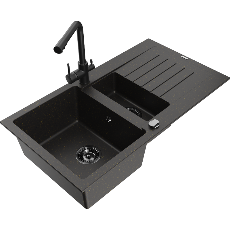 Mexen Matias zlewozmywak granitowy 1,5-komorowy z ociekaczem i baterią kuchenną Duero, czarny/złoty - 6502-75-671600-70-B