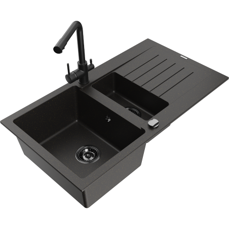 Mexen Matias zlewozmywak granitowy 1,5-komorowy z ociekaczem i baterią kuchenną Duero, czarny/złoty - 6502-75-671600-70-B