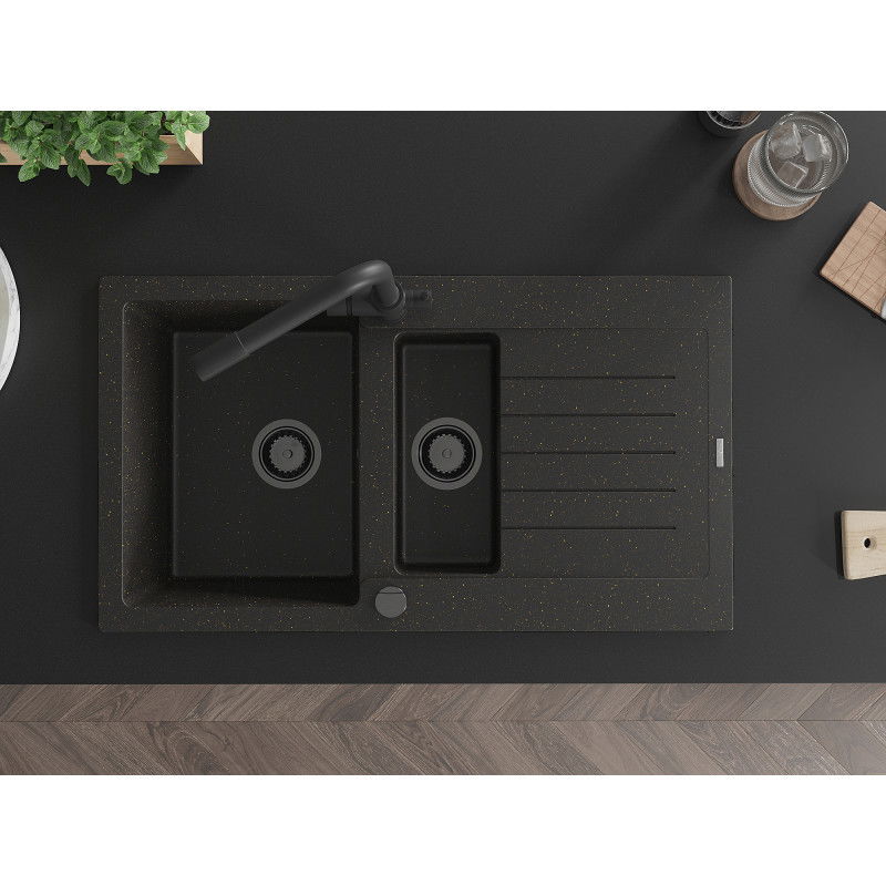Mexen Matias zlewozmywak granitowy 1,5-komorowy z ociekaczem i baterią kuchenną Duero, czarny/złoty - 6502-75-671600-70-B