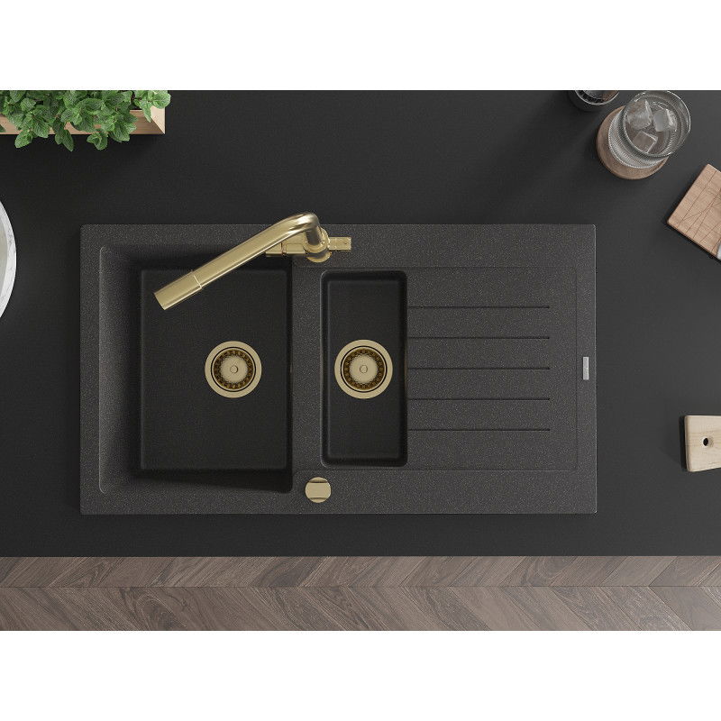 Mexen Matias zlewozmywak granitowy 1,5-komorowy z ociekaczem i baterią kuchenną Duero, czarny nakrapiany - 6502-76-671600-50