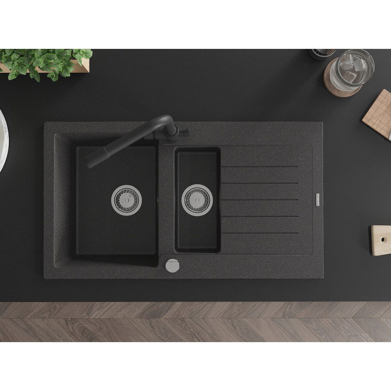 Mexen Matias zlewozmywak granitowy 1,5-komorowy z ociekaczem i baterią kuchenną Duero, czarny nakrapiany - 6502-76-671600-70