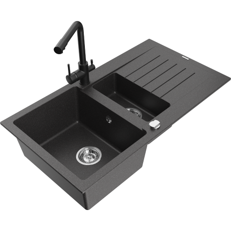 Mexen Matias zlewozmywak granitowy 1,5-komorowy z ociekaczem i baterią kuchenną Duero, czarny nakrapiany - 6502-76-671600-70