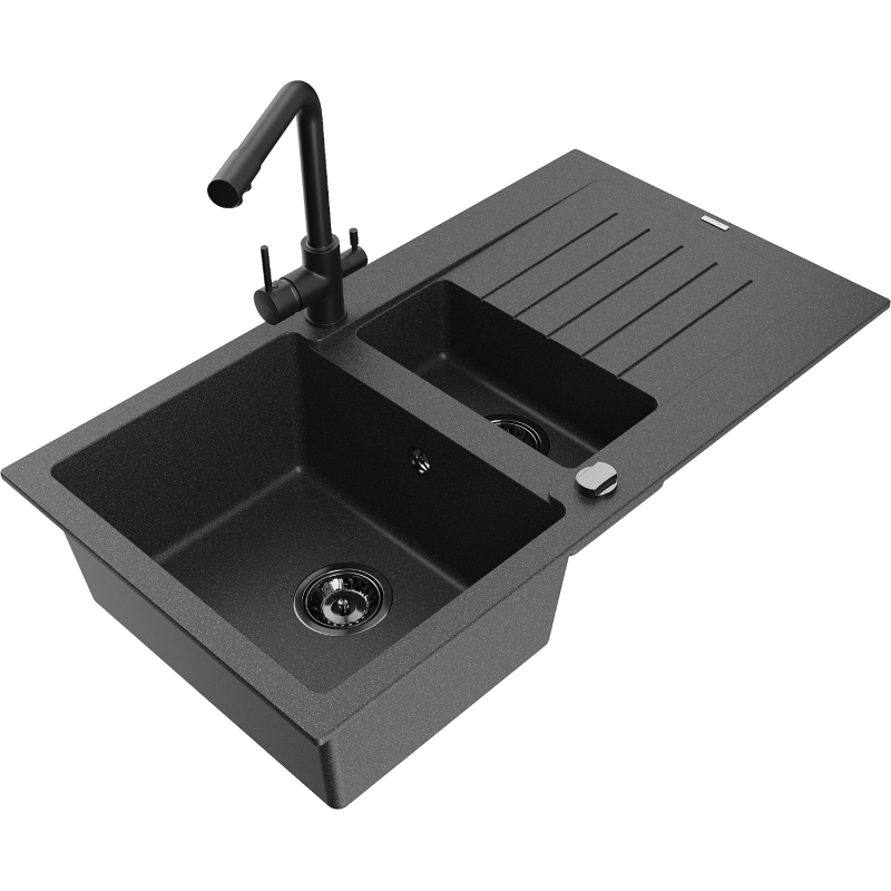 Mexen Matias zlewozmywak granitowy 1,5-komorowy z ociekaczem i baterią kuchenną Duero, czarny nakrapiany - 6502-76-671600-70-B