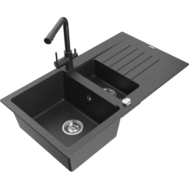 Mexen Matias zlewozmywak granitowy 1,5-komorowy z ociekaczem i baterią kuchenną Duero, czarny nakrapiany - 6502-76-671600-76