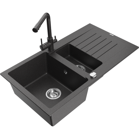 Mexen Matias zlewozmywak granitowy 1,5-komorowy z ociekaczem i baterią kuchenną Duero, czarny nakrapiany - 6502-76-671600-76