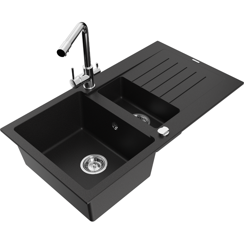 Mexen Matias zlewozmywak granitowy 1,5-komorowy z ociekaczem i baterią kuchenną Duero, czarny - 6502-77-671600-00