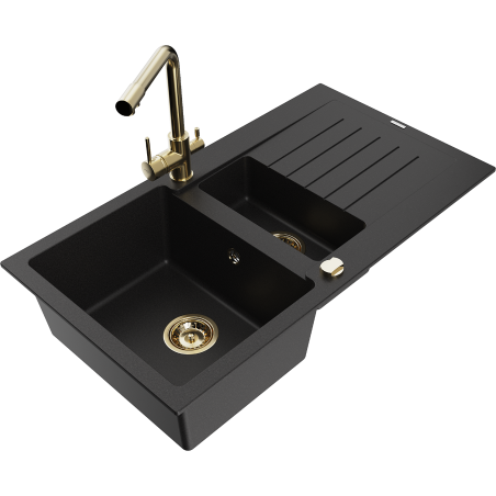 Mexen Matias zlewozmywak granitowy 1,5-komorowy z ociekaczem i baterią kuchenną Duero, czarny - 6502-77-671600-50