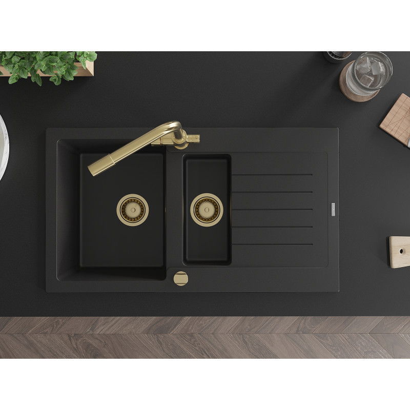 Mexen Matias zlewozmywak granitowy 1,5-komorowy z ociekaczem i baterią kuchenną Duero, czarny - 6502-77-671600-50