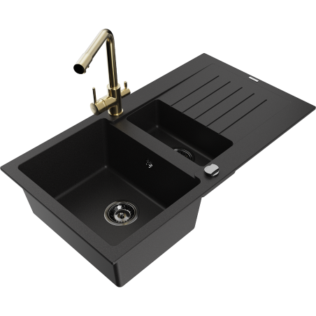 Mexen Matias zlewozmywak granitowy 1,5-komorowy z ociekaczem i baterią kuchenną Duero, czarny - 6502-77-671600-50-B