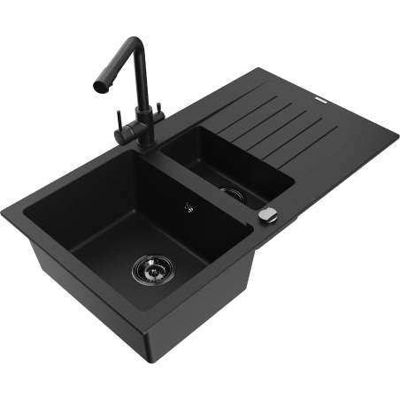 Mexen Matias zlewozmywak granitowy 1,5-komorowy z ociekaczem i baterią kuchenną Duero, czarny - 6502-77-671600-70-B