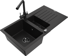 Mexen Matias zlewozmywak granitowy 1,5-komorowy z ociekaczem i baterią kuchenną Duero, czarny - 6502-77-671600-70-B