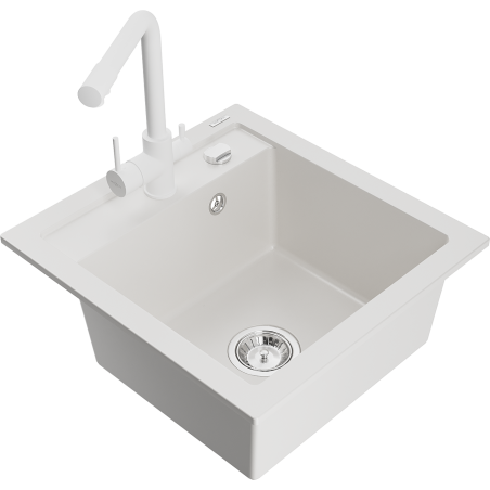 Mexen Vito zlewozmywak granitowy 1-komorowy z baterią kuchenną Duero, biały - 6503-20-671600-20
