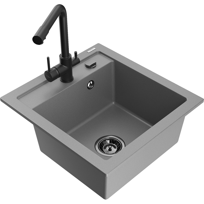 Mexen Vito zlewozmywak granitowy 1-komorowy z baterią kuchenną Duero, szary - 6503-71-671600-70-B