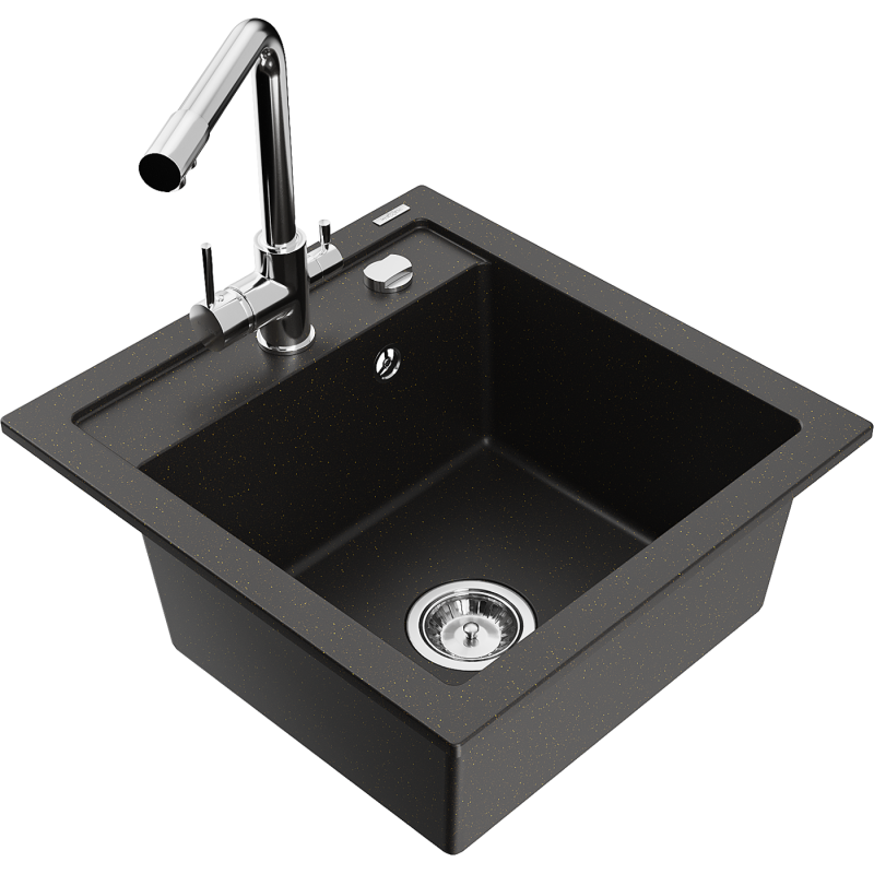 Mexen Vito zlewozmywak granitowy 1-komorowy z baterią kuchenną Duero, czarny/złoty metalik - 6503-75-671600-00