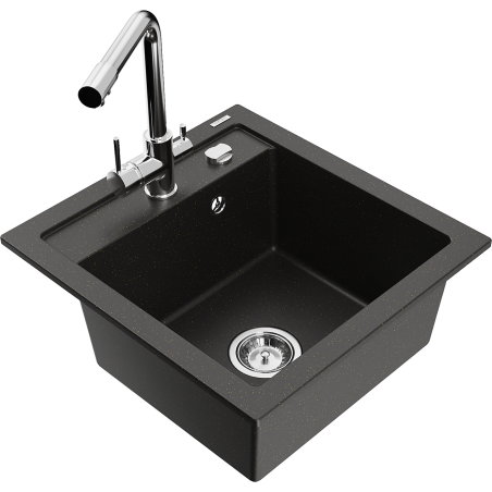 Mexen Vito zlewozmywak granitowy 1-komorowy z baterią kuchenną Duero, czarny/złoty metalik - 6503-75-671600-00