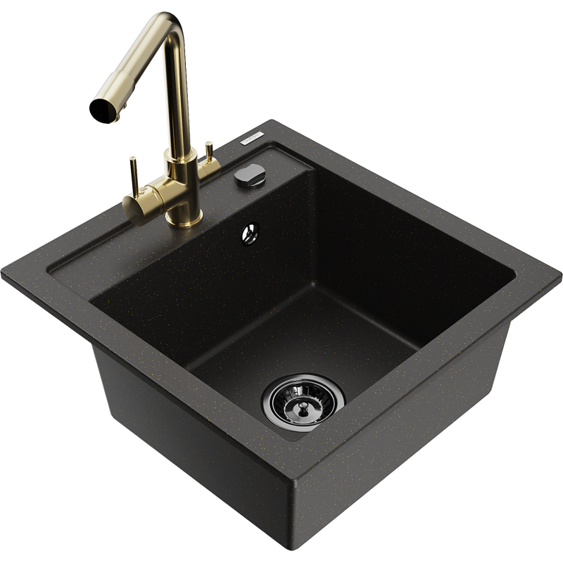 Mexen Vito zlewozmywak granitowy 1-komorowy z baterią kuchenną Duero, czarny/złoty metalik - 6503-75-671600-50-B