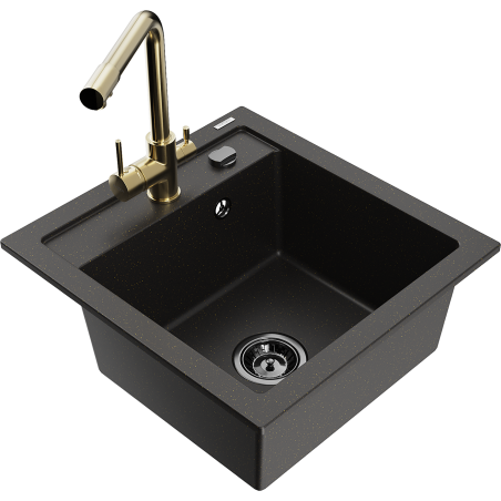 Mexen Vito zlewozmywak granitowy 1-komorowy z baterią kuchenną Duero, czarny/złoty metalik - 6503-75-671600-50-B