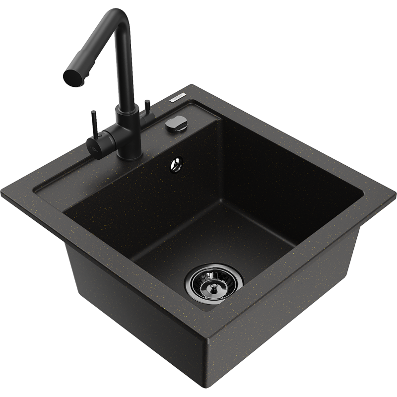 Mexen Vito zlewozmywak granitowy 1-komorowy z baterią kuchenną Duero, czarny/złoty metalik - 6503-75-671600-70-B