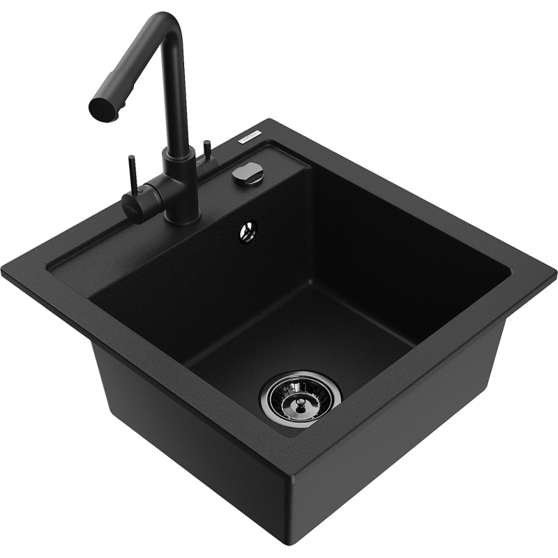 Mexen Vito zlewozmywak granitowy 1-komorowy z baterią kuchenną Duero, czarny - 6503-77-671600-70-B