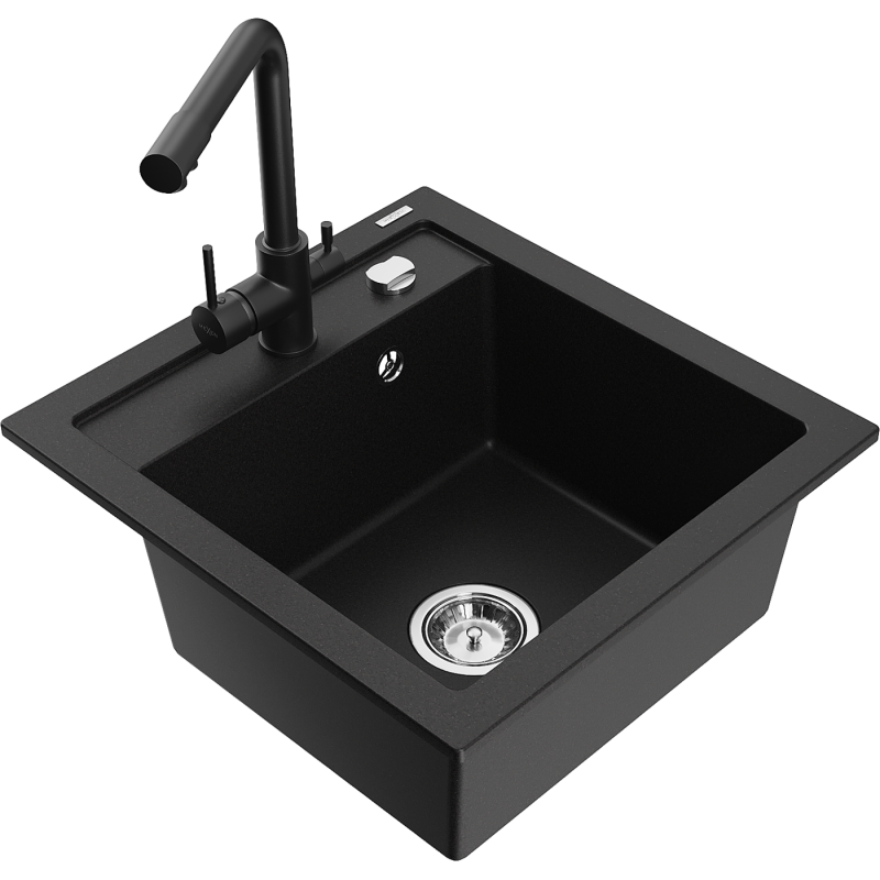 Mexen Vito zlewozmywak granitowy 1-komorowy z baterią kuchenną Duero, czarny - 6503-77-671600-70