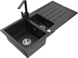 Mexen Andres zlewozmywak granitowy 1,5-komorowy z ociekaczem i baterią kuchenną Rita, czarny/srebrny metalik - 6515-73-670300-70