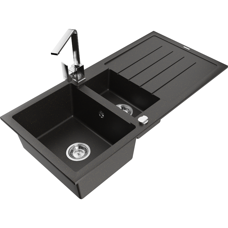 Mexen Andres zlewozmywak granitowy 1,5-komorowy z ociekaczem i baterią kuchenną Rita, czarny/złoty metalik- 6515-75-670300-00