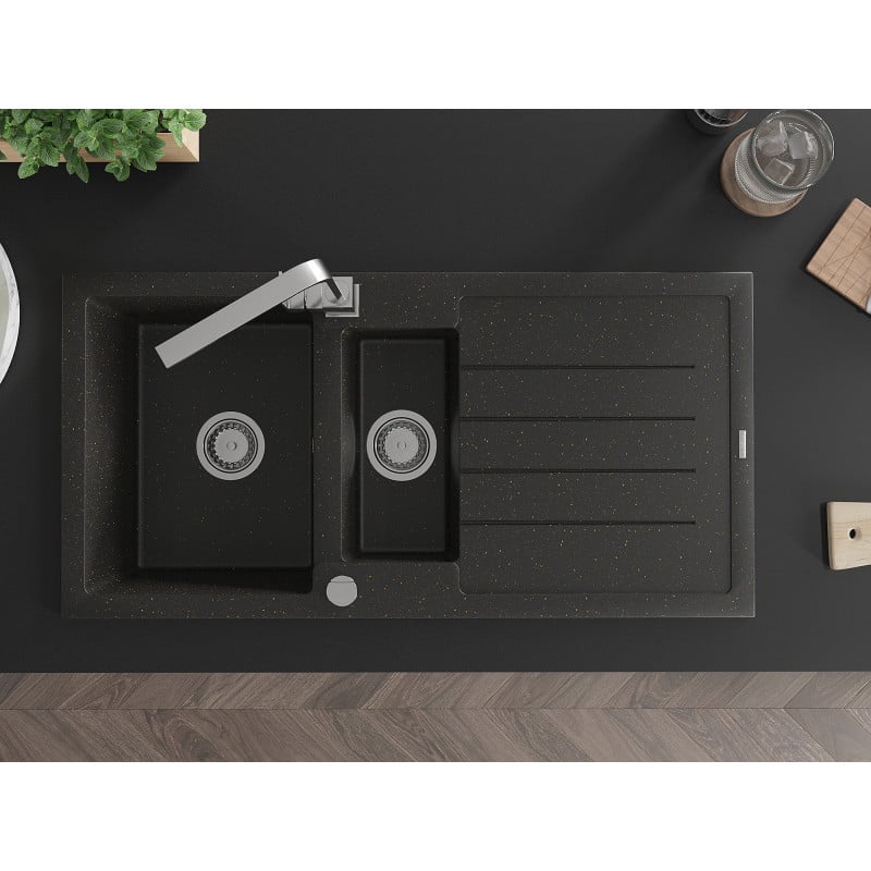 Mexen Andres zlewozmywak granitowy 1,5-komorowy z ociekaczem i baterią kuchenną Rita, czarny/złoty metalik- 6515-75-670300-00