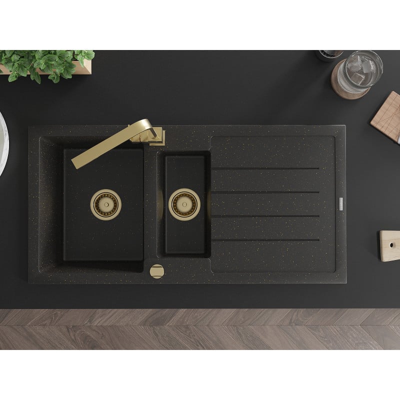 Mexen Andres zlewozmywak granitowy 1,5-komorowy z ociekaczem i baterią kuchenną Rita, czarny/złoty metalik- 6515-75-670300-50