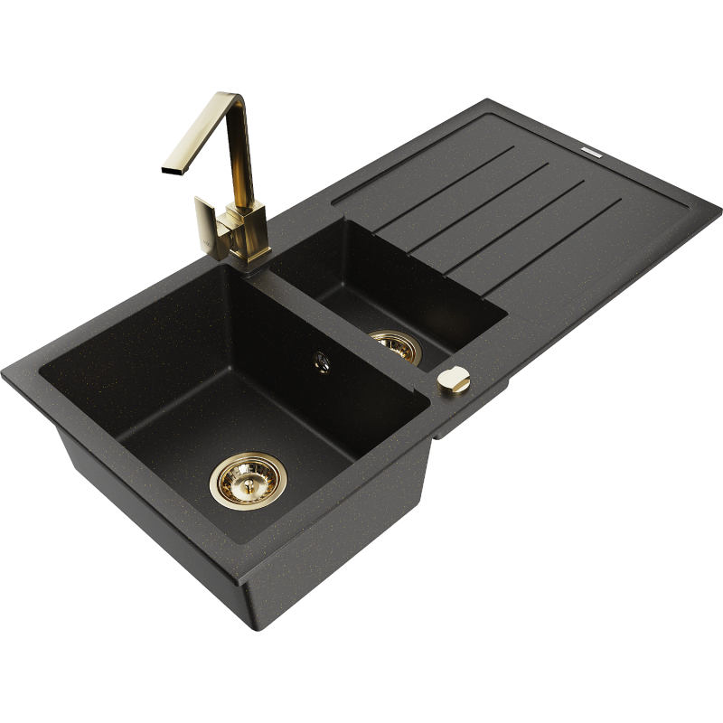 Mexen Andres zlewozmywak granitowy 1,5-komorowy z ociekaczem i baterią kuchenną Rita, czarny/złoty metalik- 6515-75-670300-50