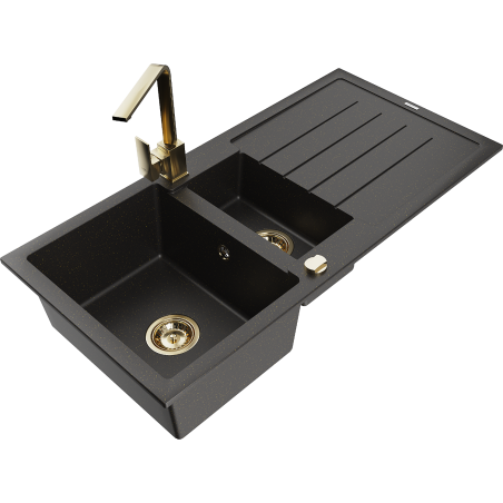 Mexen Andres zlewozmywak granitowy 1,5-komorowy z ociekaczem i baterią kuchenną Rita, czarny/złoty metalik- 6515-75-670300-50