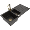 Mexen Andres zlewozmywak granitowy 1,5-komorowy z ociekaczem i baterią kuchenną Rita, czarny/złoty metalik- 6515-75-670300-50