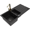Mexen Andres zlewozmywak granitowy 1,5-komorowy z ociekaczem i baterią kuchenną Rita, czarny/złoty metalik- 6515-75-670300-50-B