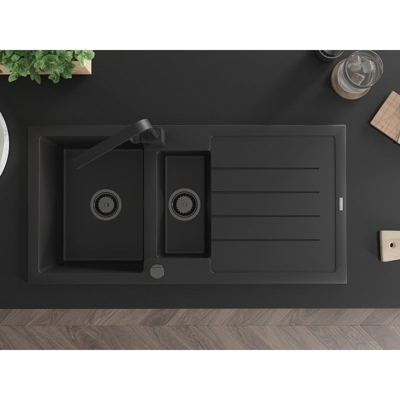 Mexen Andres zlewozmywak granitowy 1,5-komorowy z ociekaczem i baterią kuchenną Rita, czarny/złoty metalik- 6515-75-670300-70-B