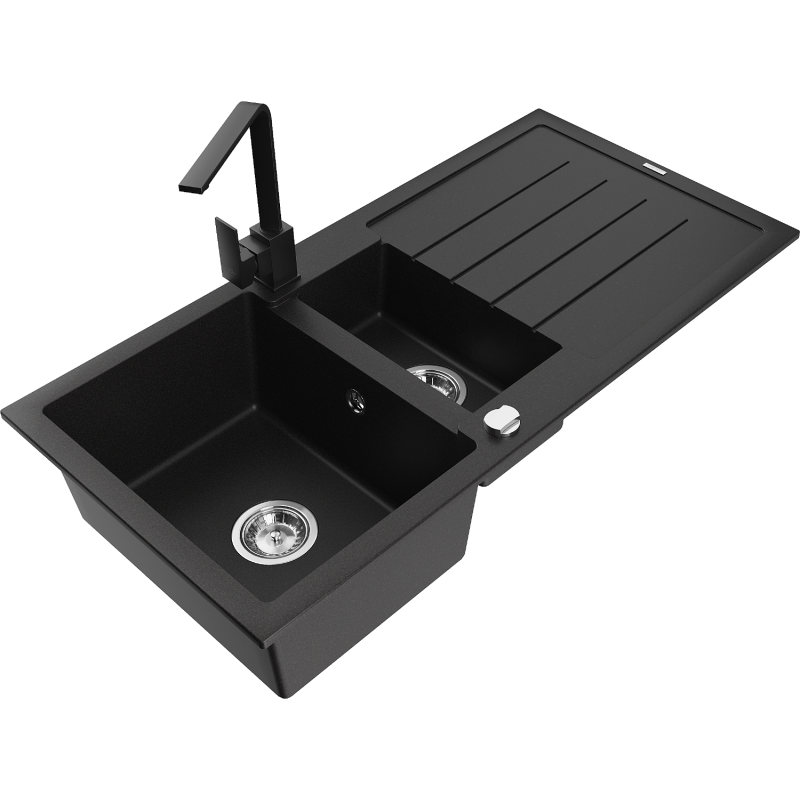 Mexen Andres zlewozmywak granitowy 1,5-komorowy z ociekaczem i baterią kuchenną Rita, czarny/złoty metalik- 6515-75-670300-70