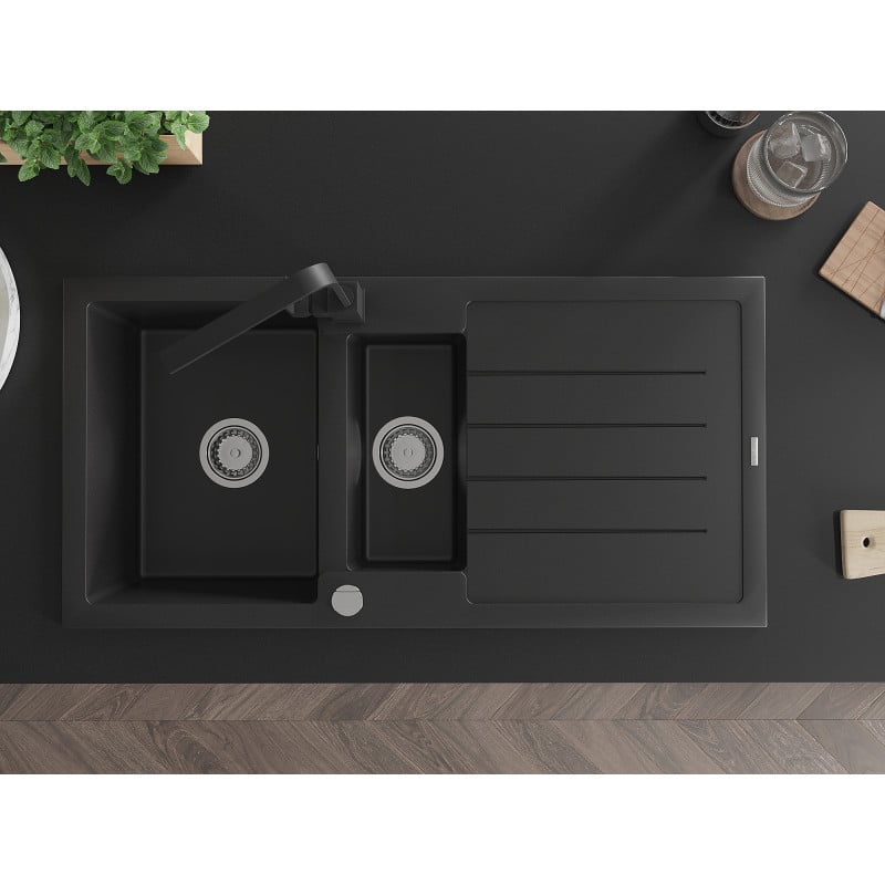 Mexen Andres zlewozmywak granitowy 1,5-komorowy z ociekaczem i baterią kuchenną Rita, czarny/złoty metalik- 6515-75-670300-70