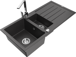 Mexen Andres zlewozmywak granitowy 1,5-komorowy z ociekaczem i baterią kuchenną Rita, czarny nakrapiany - 6515-76-670300-00