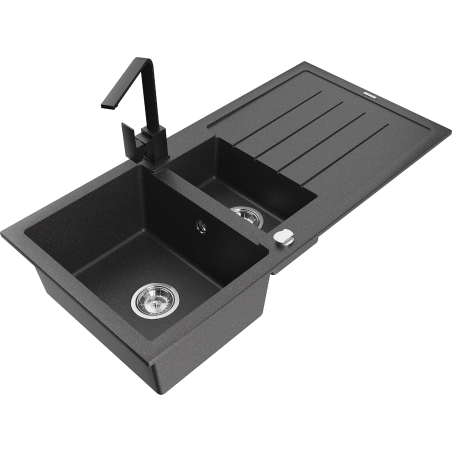 Mexen Andres zlewozmywak granitowy 1,5-komorowy z ociekaczem i baterią kuchenną Rita, czarny nakrapiany - 6515-76-670300-70