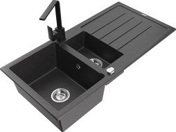 Mexen Andres zlewozmywak granitowy 1,5-komorowy z ociekaczem i baterią kuchenną Rita, czarny nakrapiany - 6515-76-670300-70