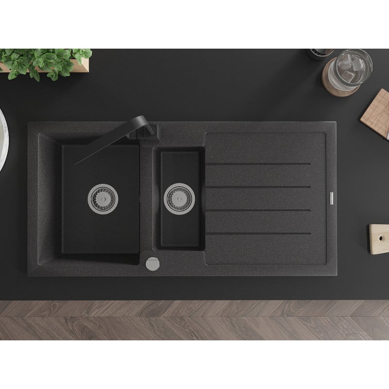 Mexen Andres zlewozmywak granitowy 1,5-komorowy z ociekaczem i baterią kuchenną Rita, czarny nakrapiany - 6515-76-670300-70