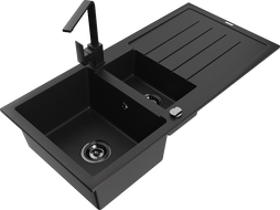 Mexen Andres zlewozmywak granitowy 1,5-komorowy z ociekaczem i baterią kuchenną Rita, czarny nakrapiany - 6515-76-670300-70-B